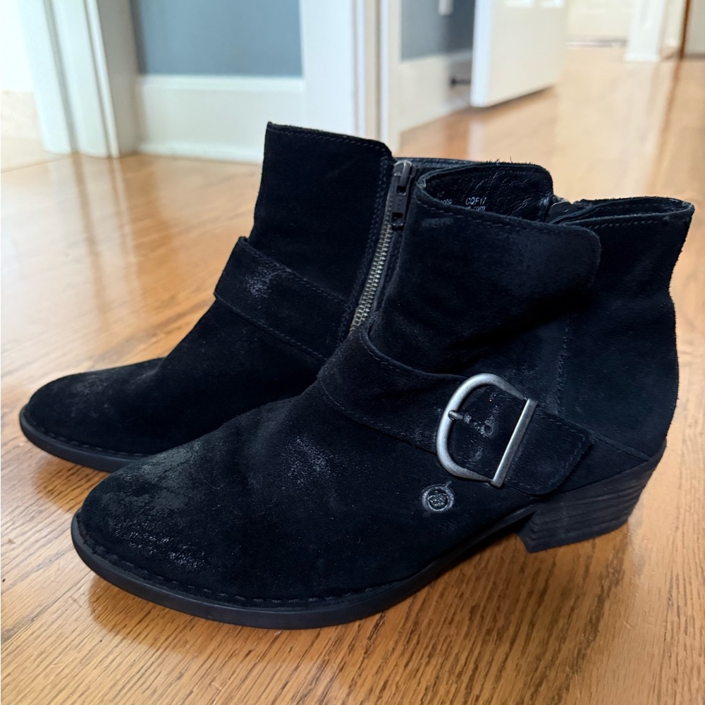 Born Black Distressed Suede Ankle Boots with Buckle